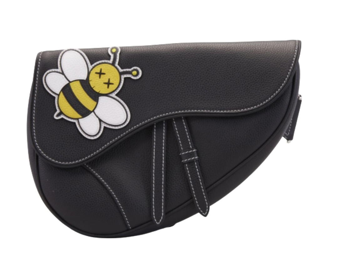 Dior Dior x KAWS Saddle Bag Black in Grained Calfskin with Silver-tone