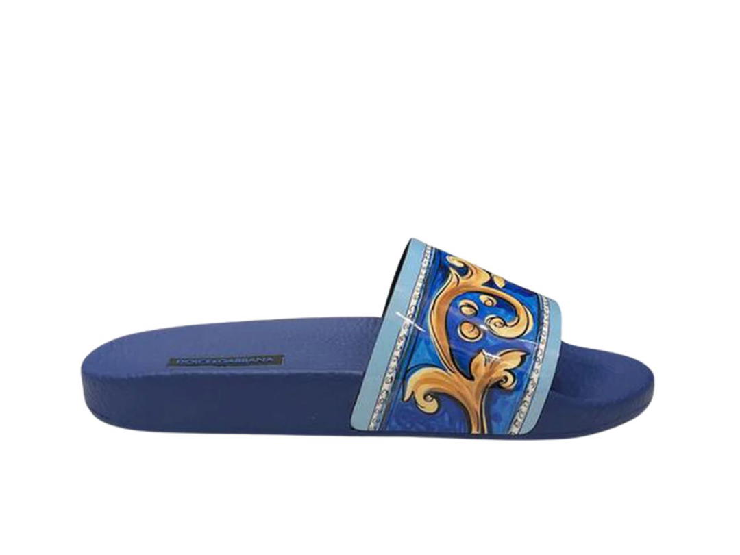 Dolce & Gabbana Dolce & Gabbana Majolica Design Printed Patent Leather Slides Blue