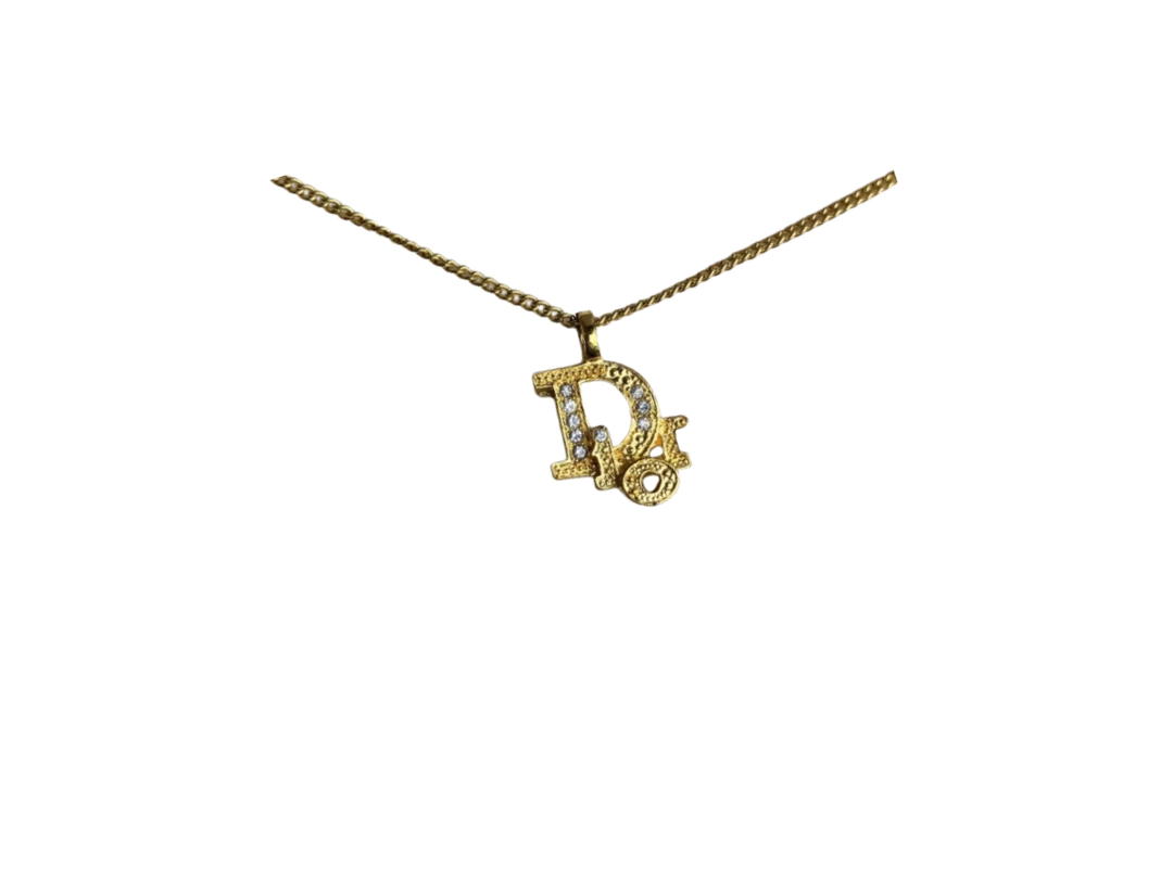 Dior Dior Logo Rhinestone Necklace Clear Gold