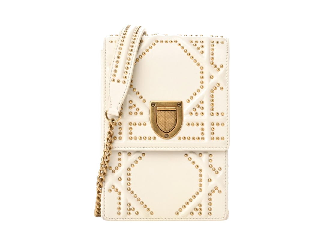 Dior Dior Vertical Diorama In White Lambskin Studded With Gold Hardware