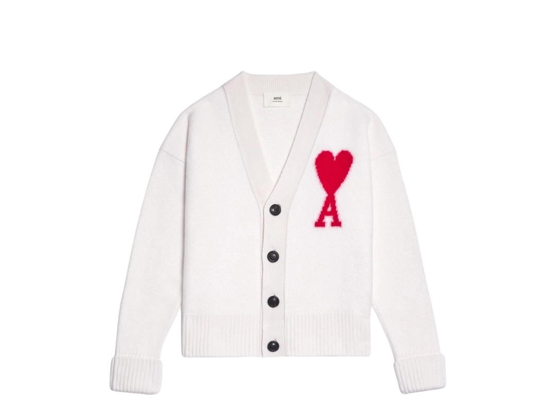 Ami Paris Ami Paris AMI de Coeur Oversize Intarsia Cardigan Off White Red