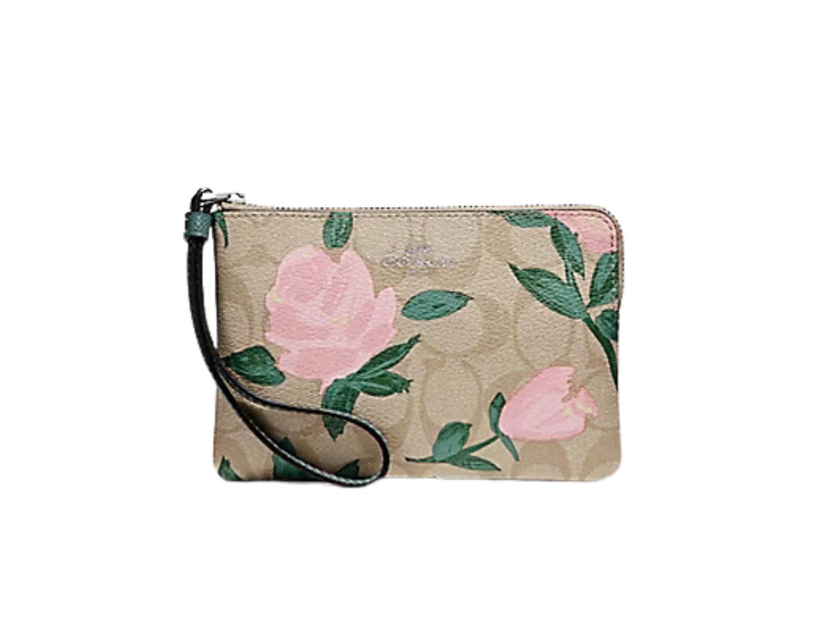 Coach Coach Corner Zip Wristlet With Camo Rose Floral Print Light Khaki