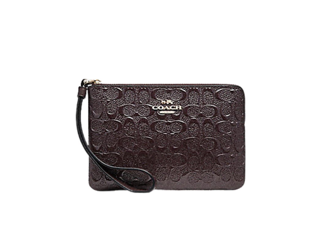 Coach Coach Corner Zip Wristlet In Signature Debossed Patent Leather Light Gold Oxblood