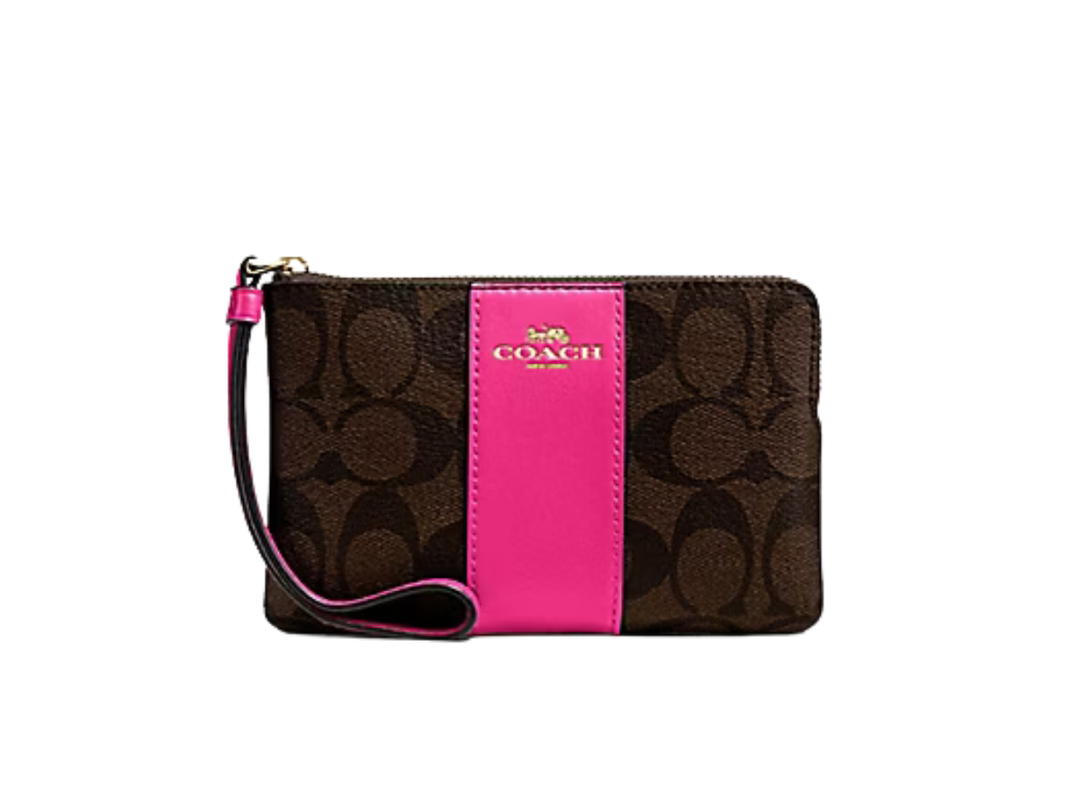 Coach Coach Corner Zip Wristlet In Signature Coated Canvas With Leather Stripe Brown