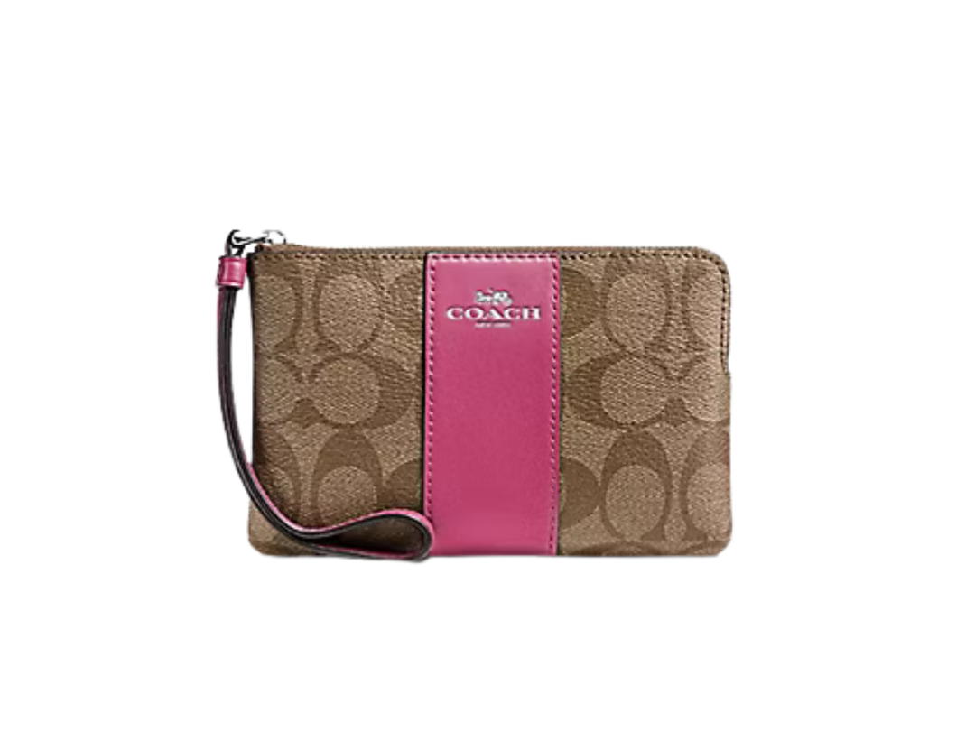 Coach Coach Corner Zip Wristlet In Signature Canvas Khaki Magenta