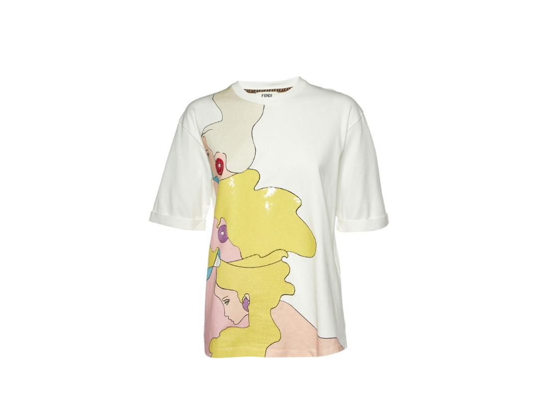 Fendi Fendi Cotton Graphic Beads Embellished T-Shirt White