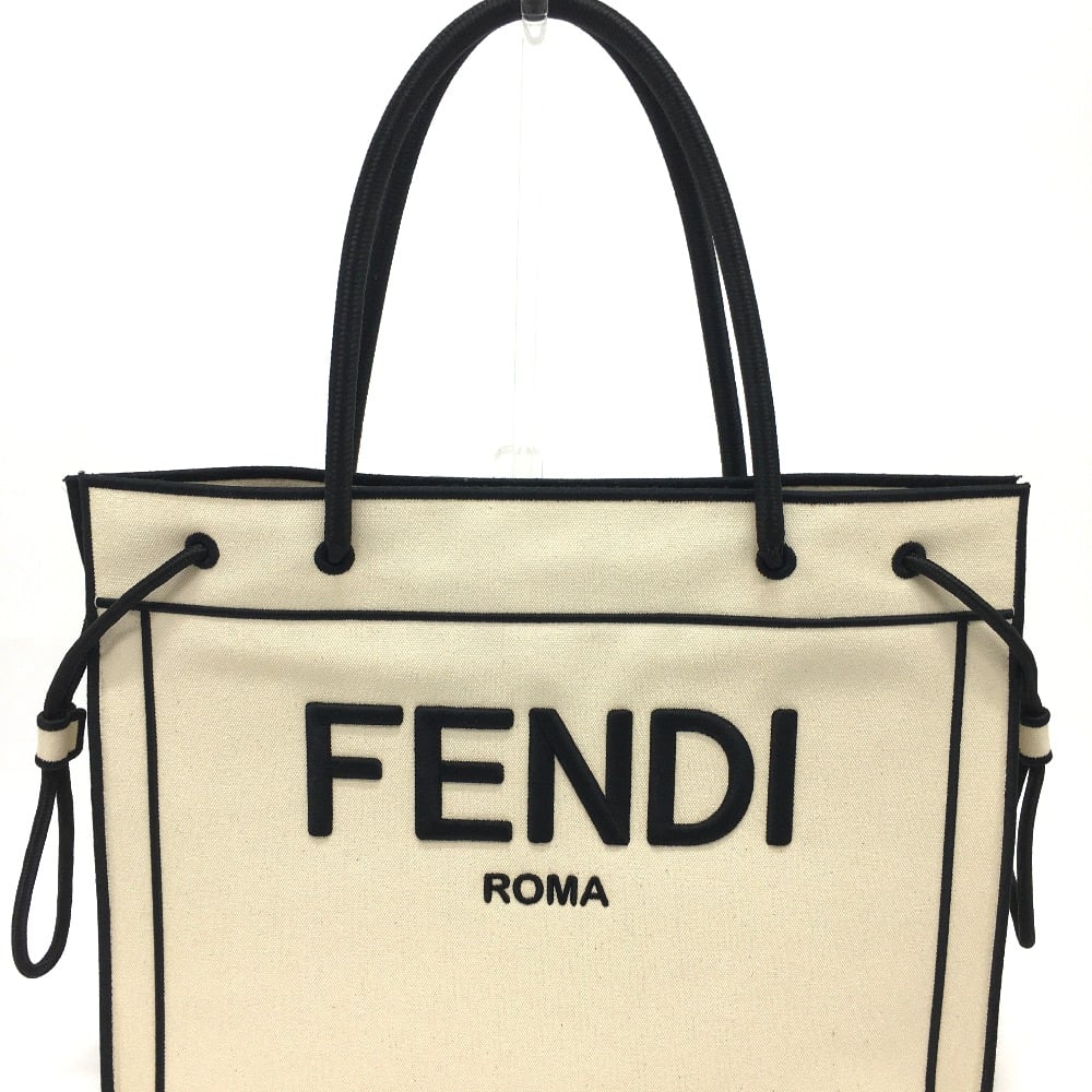 Fendi FENDI 8BH379 Logo Rome Shopper Large Tote Bag Canvas Beige x Black