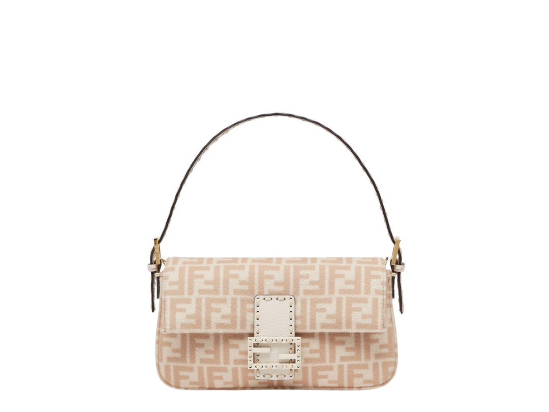 Fendi Fendi Baguette 1997 In Beige FF Wool Bag With Gold-Finish Metalware