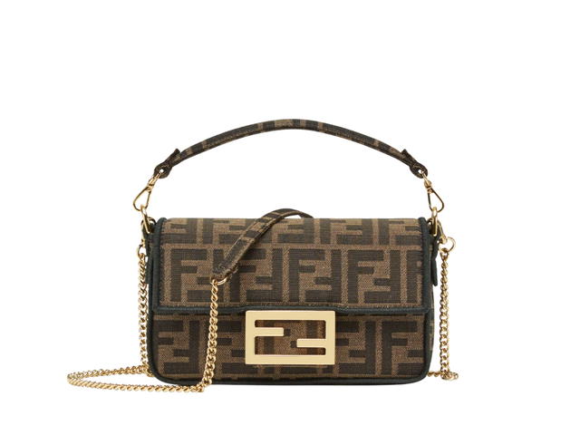 Fendi Fendi Baguette Mini Jacquard FF Fabric Bag In Calf Leather With Gold Metal Hardware Brown - view 1