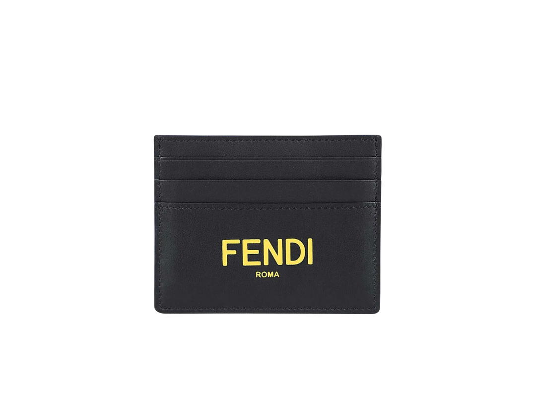 Fendi Fendi Card Case Wallet In Calfskin Leather With Yellow Logo Black