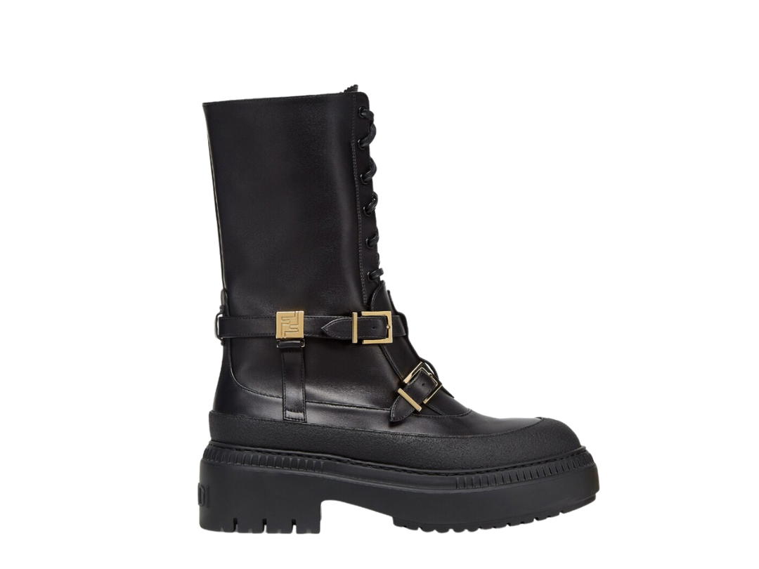 Fendi Fendi Delfina Biker Boots In Black Leather With Gold-Finish Metalware