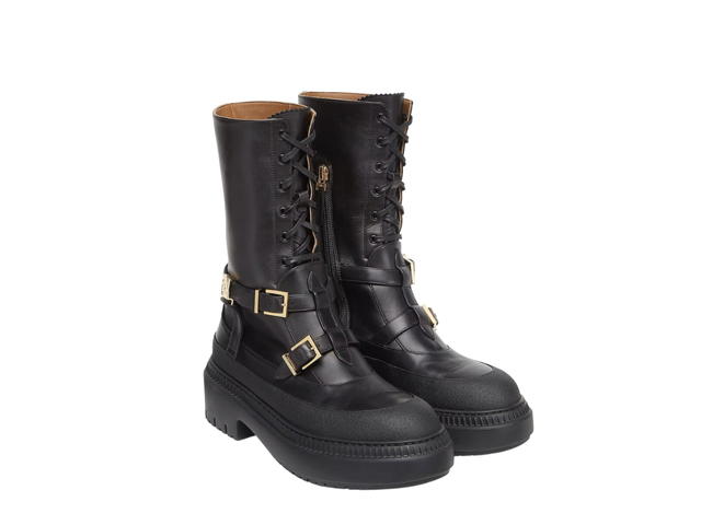 Fendi Fendi Delfina Biker Boots In Black Leather With Gold-Finish Metalware - view 3