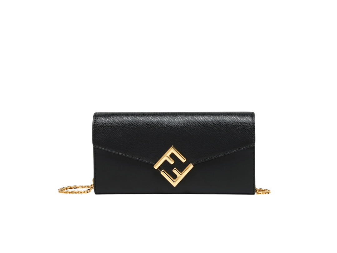 Fendi Fendi FF Diamonds Continental With Chain In Black Leather With Gold-Finish Metalware