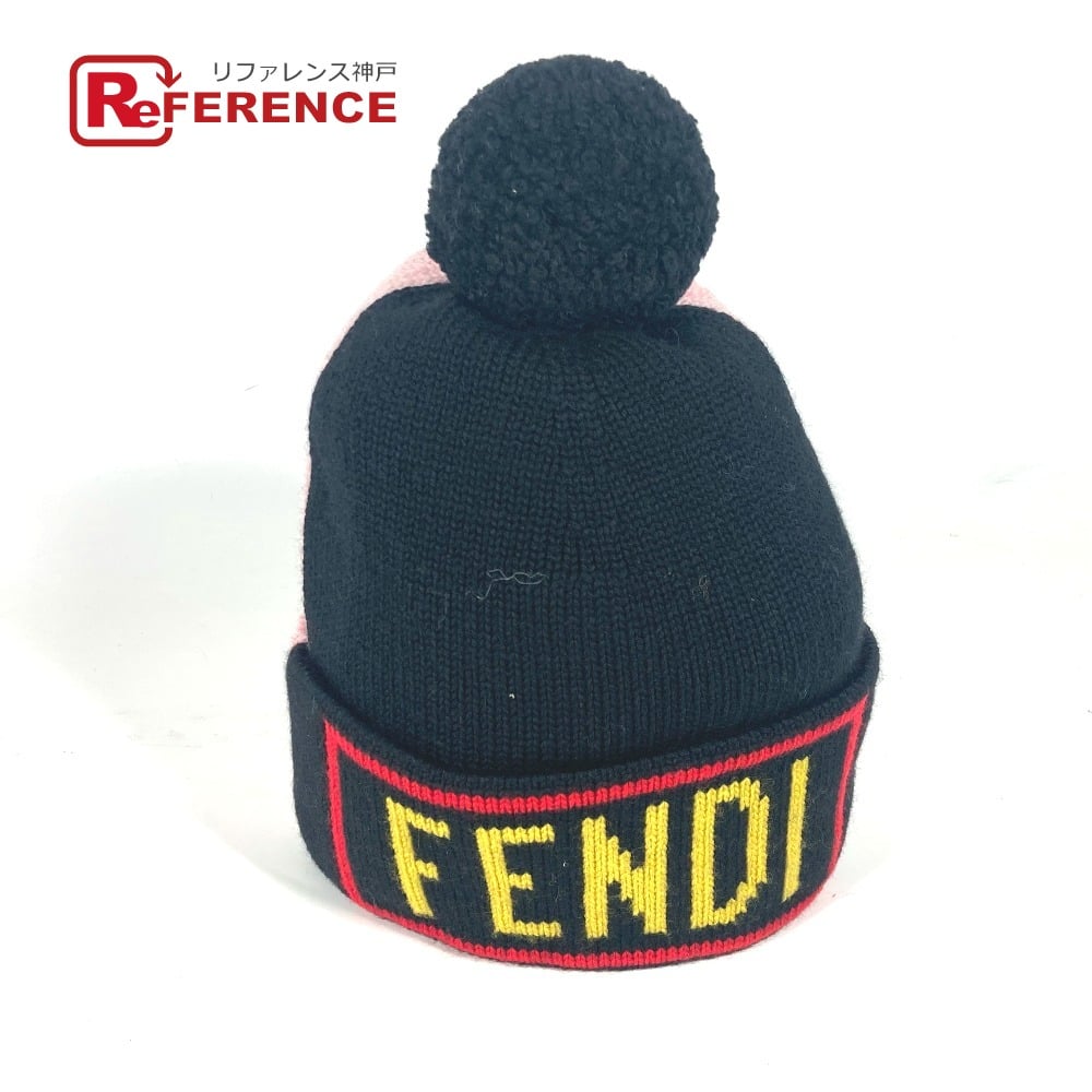 Fendi FENDI FXQ056 beanie hat knit cap logo With pompoms Knit hat wool Black/pink