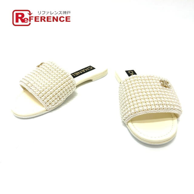 Chanel G46302B 25P Faux Pearl CC Mark Flat Sandals Mules ShoesSandals - view 1