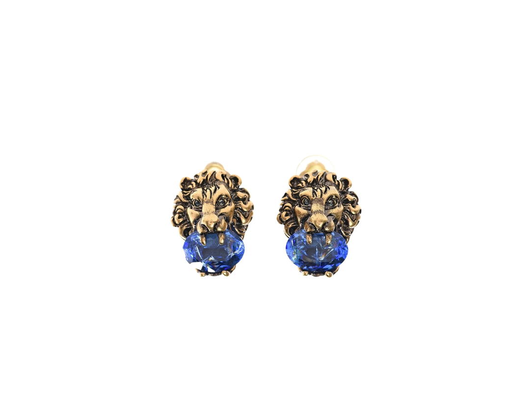 Gucci Gucci Crystal Lion Head Earrings Blue Sapphire