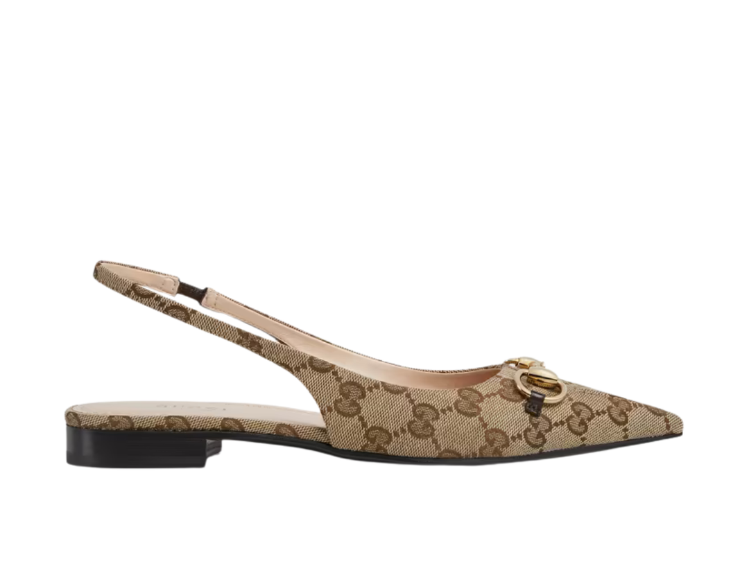 Gucci Gucci Horsebit GG Canvas Slingback Flats Brown