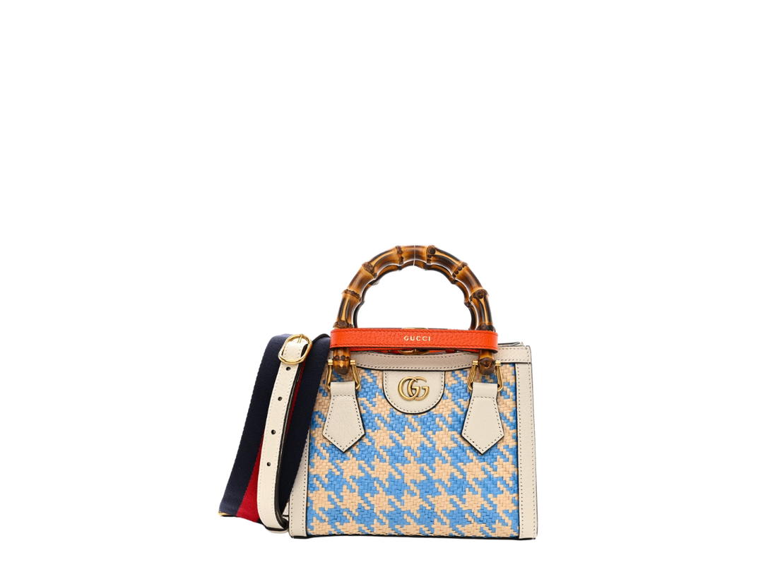 Gucci Gucci Diana Small Houndstooth Raffia Effect Tote Bag Blue
