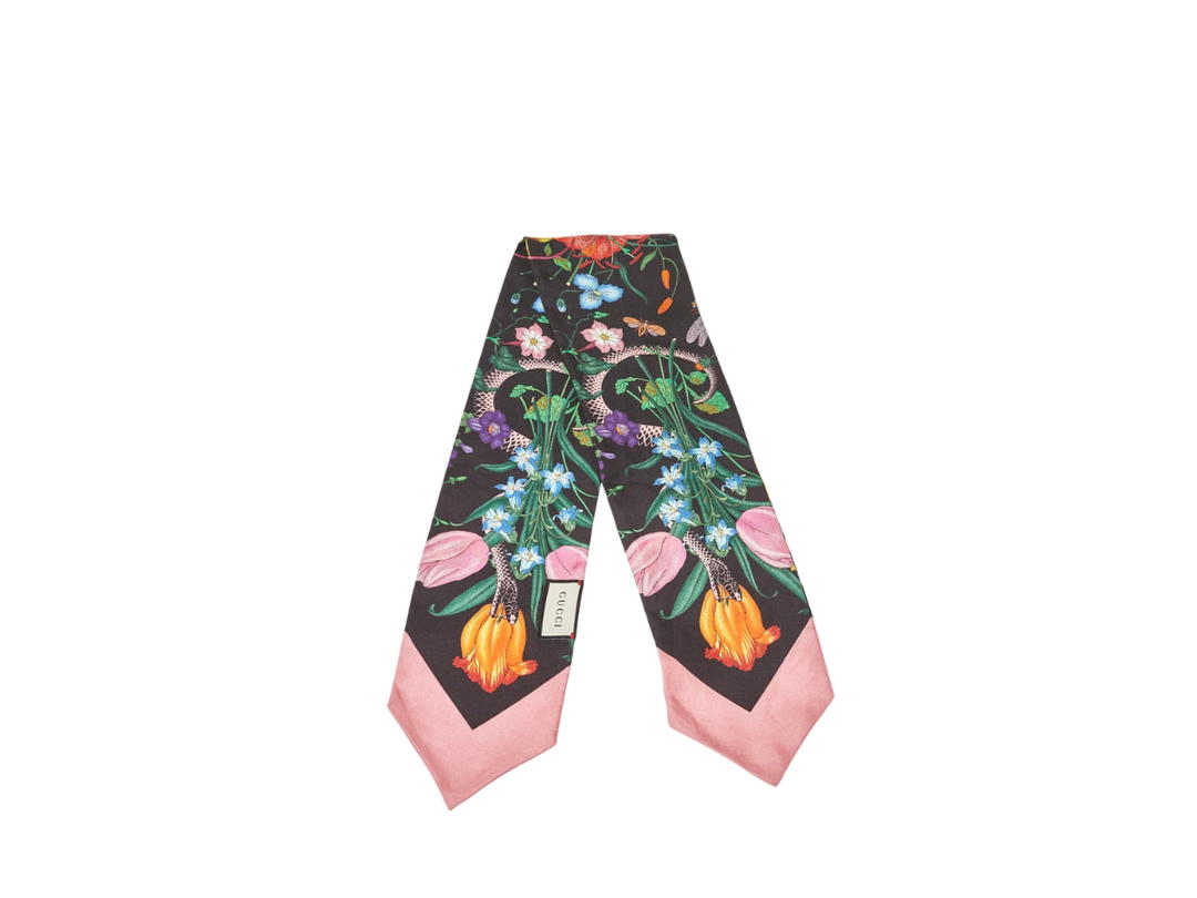 Gucci Gucci Flora Snake Print Silk Neck Bow Black Pink