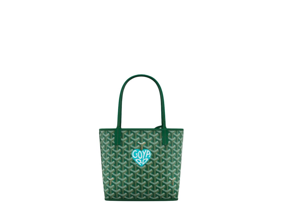 Goyard Goyard Anjou Mini Bag In Chevroches Calfskin And Goyardine Canvas Green With Extra Large Blue Heart