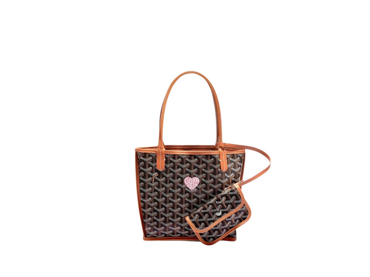 Goyard Goyard Anjou Mini Bag In Chevroches Calfskin And Goyardine Canvas Black Tan With Large Light Pink Heart Brown