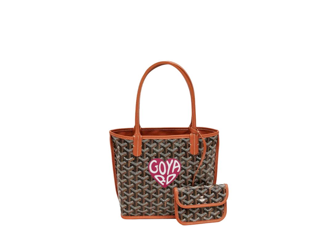 Goyard Goyard Anjou Mini Bag In Chevroches Calfskin And Goyardine Canvas Black Tan With Oversized Dark Pink Heart Brown