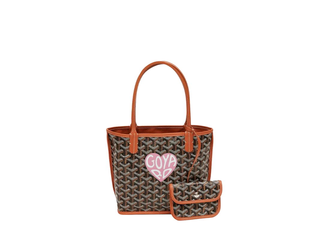 Goyard Goyard Anjou Mini Bag In Chevroches Calfskin And Goyardine Canvas Black Tan With Oversized Light Pink Heart