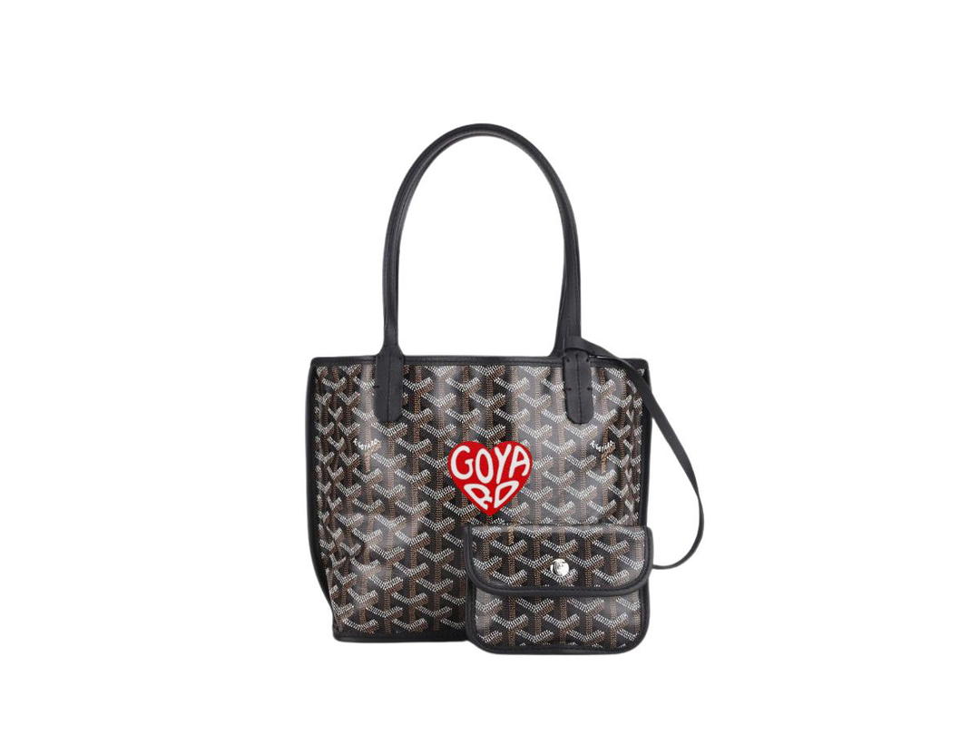 Goyard Goyard Anjou Mini Bag In Chevroches Calfskin And Goyardine Canvas Black With Extra Large Red Heart