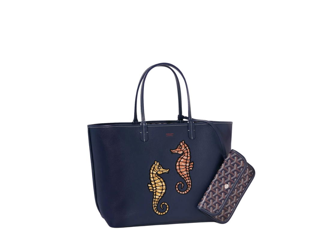 Goyard Goyard Anjou PM Seahorse Embroidery In Goyadine Calfskin With Palladium Hardware Navy Blue