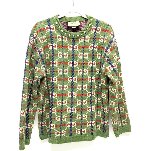 Gucci GUCCI 713571 GG Studs knit sweater wool Green/Multicolore/SilverHardware - view 2