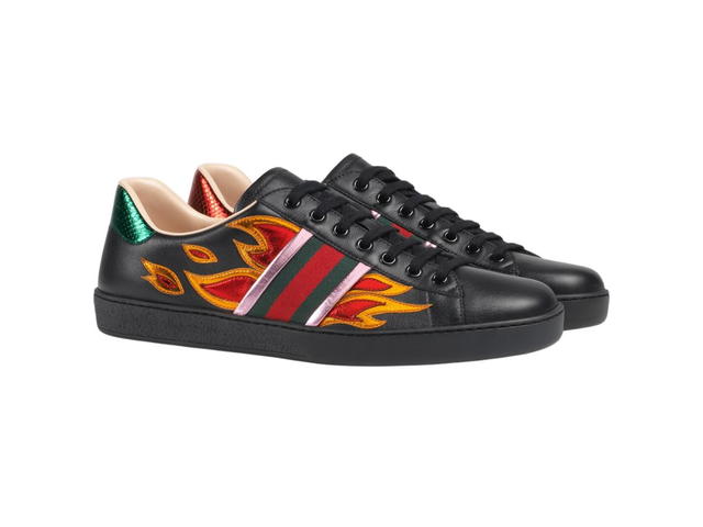 Gucci Gucci Ace Sneaker In Black Leather With Metallic Leather Flames - view 2