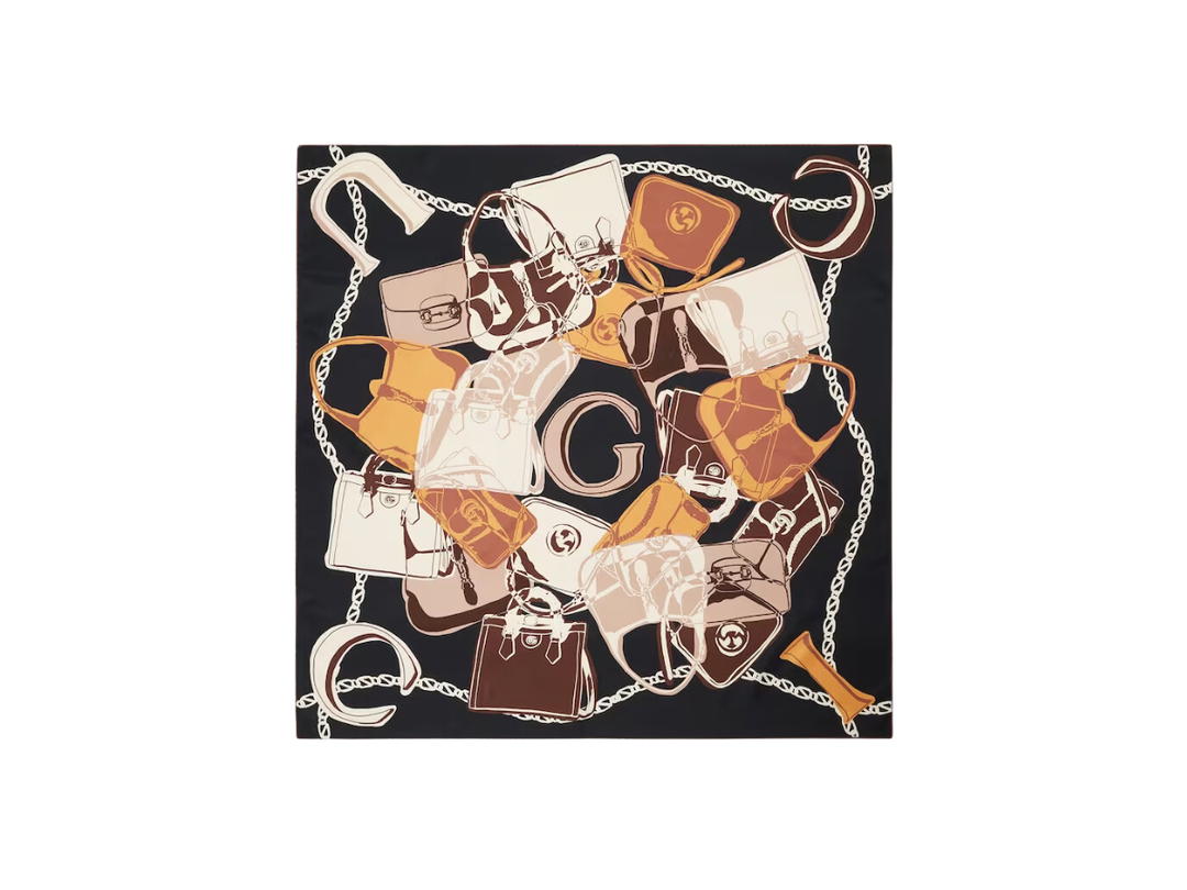 Gucci Gucci Bag Print Twill Carré In Navy Blue And Light Brown Gucci Bag Print Silk Twill