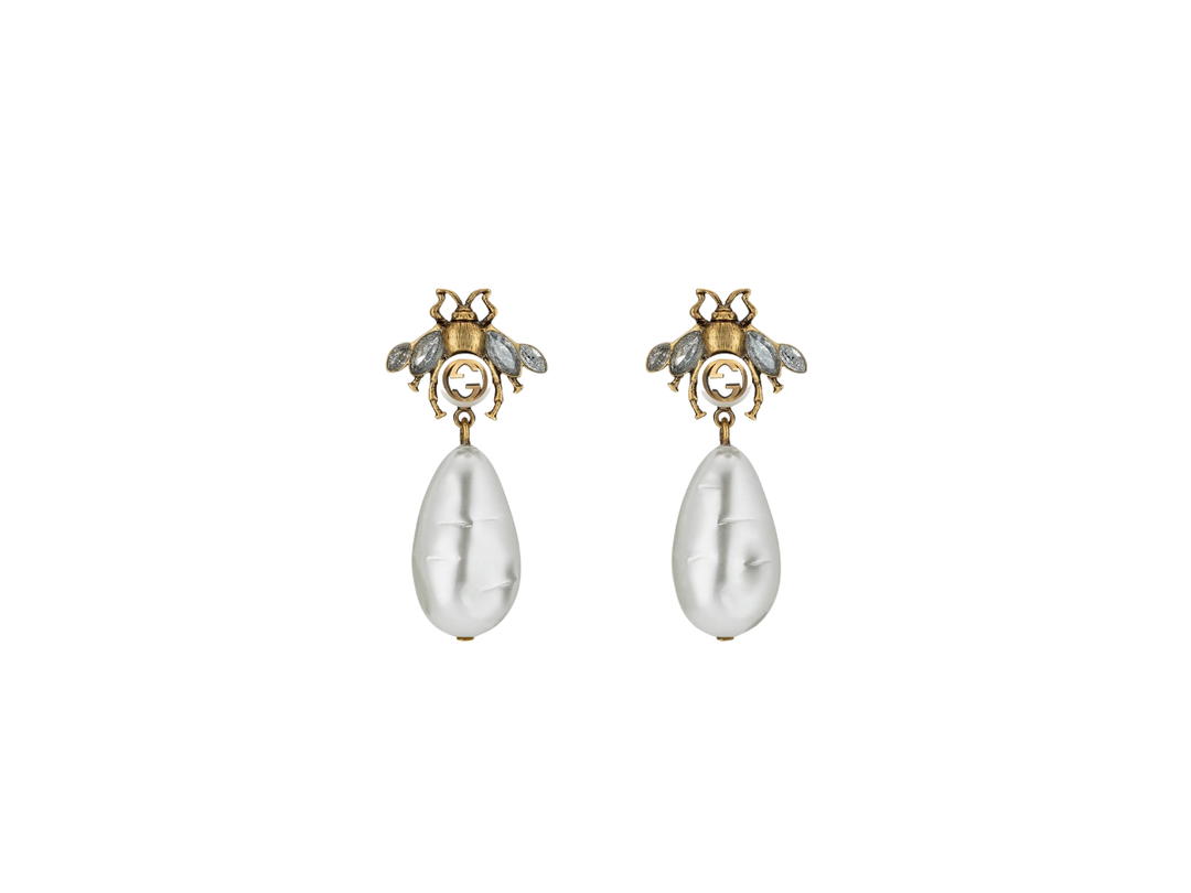 Gucci Gucci Bee Earrings With Drop Pearls In Metal-Aged Gold Finish