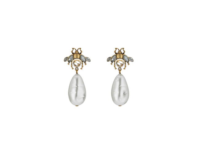 Gucci Gucci Bee Earrings With Drop Pearls In Metal-Aged Gold Finish - view 1