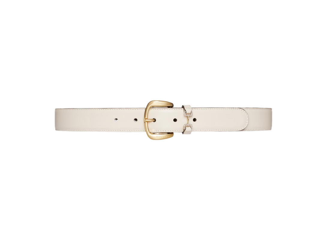 Gucci Gucci Belt With Crystal Horsebit 30MM In White Leather With Gold-Toned Hardware