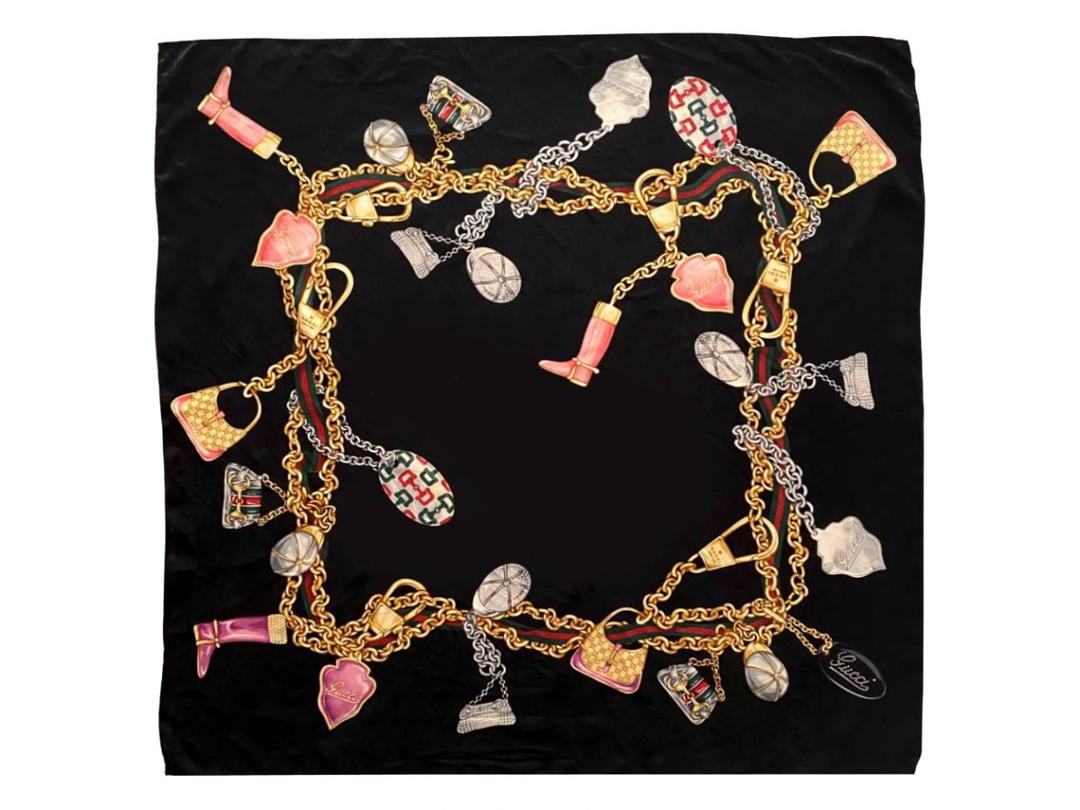 Gucci Gucci Black Bag Charms Boots And Chain Print Silk Scarf 2000s