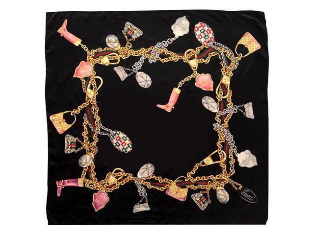 Gucci Gucci Black Bag Charms Boots And Chain Print Silk Scarf 2000s - view 1