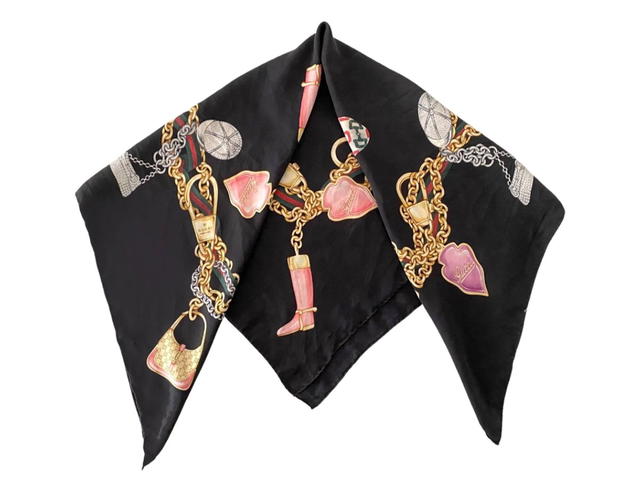 Gucci Gucci Black Bag Charms Boots And Chain Print Silk Scarf 2000s - view 2