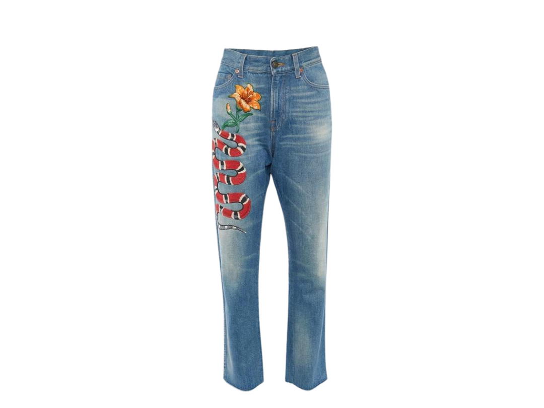 Gucci Gucci Blue Floral Snake Embroidered Denim Boyfriend Fit Jeans Blue