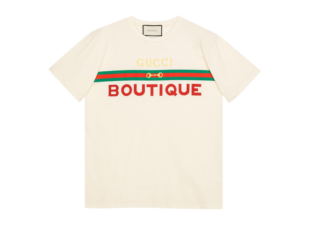 Gucci Gucci Boutique Print T-Shirt In Off-White Cotton Jersey With Gucci Boutique-Web And Horsebit Print Crewneck