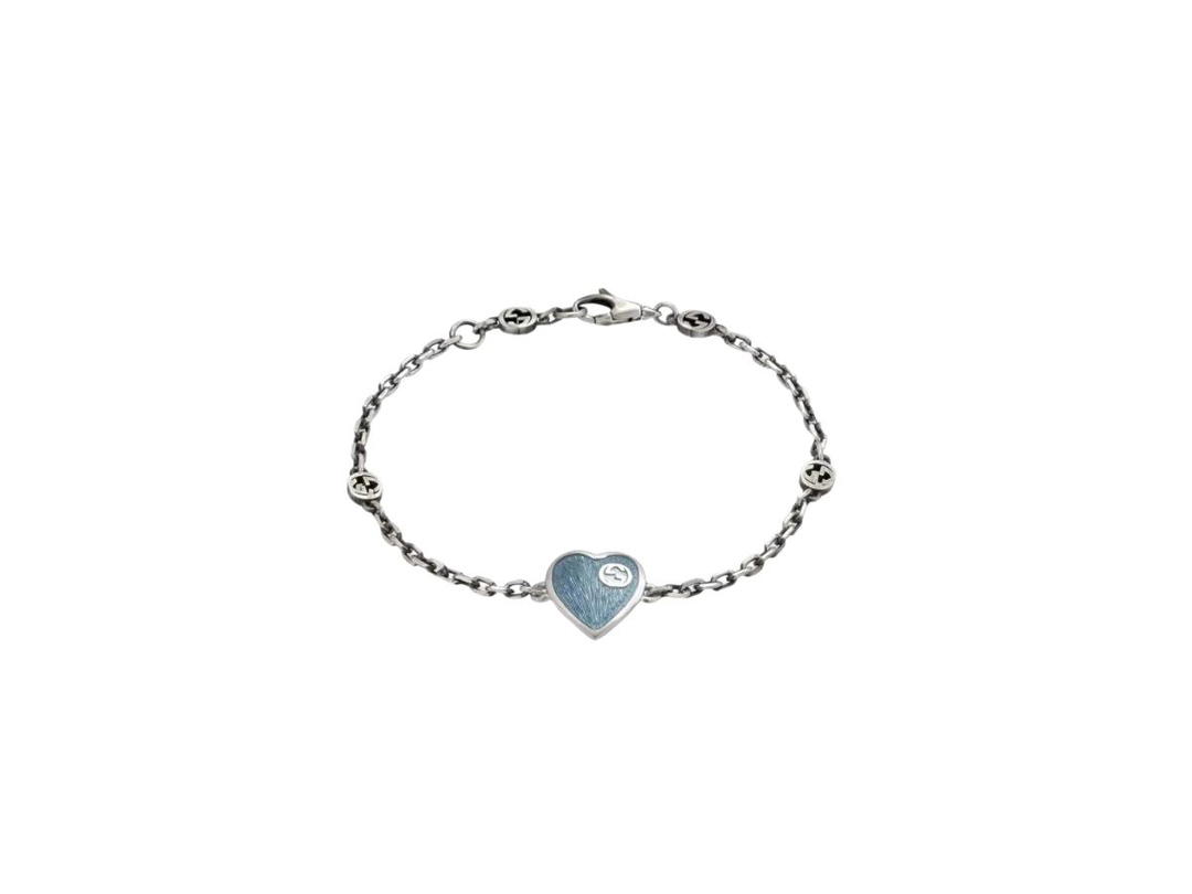 Gucci Gucci And GG Heart Bracelet In Sterling Silver With Light Blue Enamel