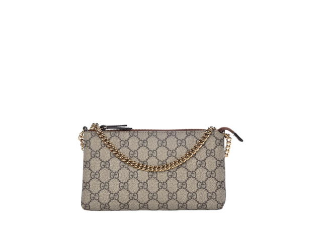 Gucci Gucci Chain Wrist Wallet In Beige GG Supreme Canvas With Leather Trim and Polished Gold Chain Strap - view 1
