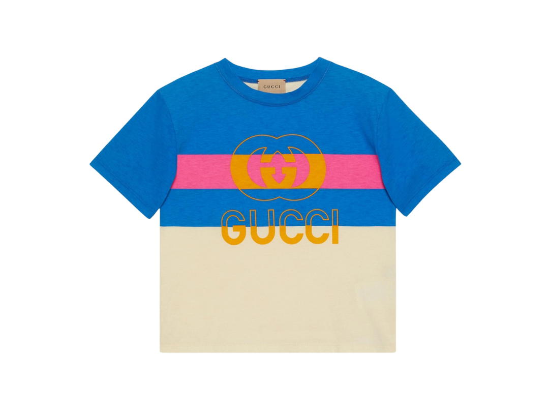Gucci Gucci Children's Cotton T-Shirt With Web In Ivory-Pink And Blue Cotton Jersey With Interlocking G Gucci Print
