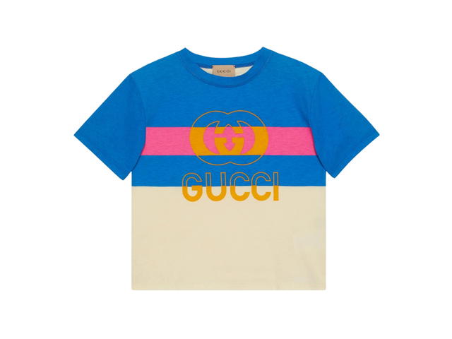 Gucci Gucci Children's Cotton T-Shirt With Web In Ivory-Pink And Blue Cotton Jersey With Interlocking G Gucci Print - view 1