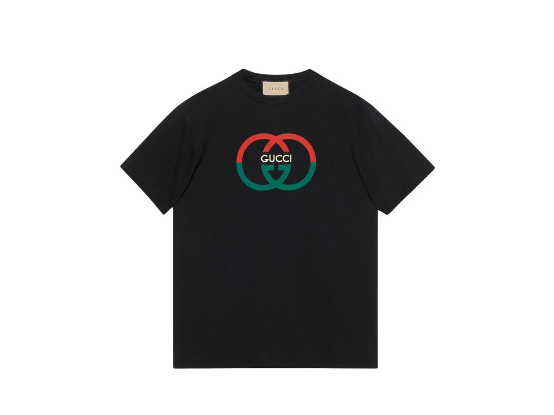 Gucci Gucci Cotton Jersey Printed T-shirt In Black Cotton Jersey With Green-Red Gucci Interlocking G Print Crewneck