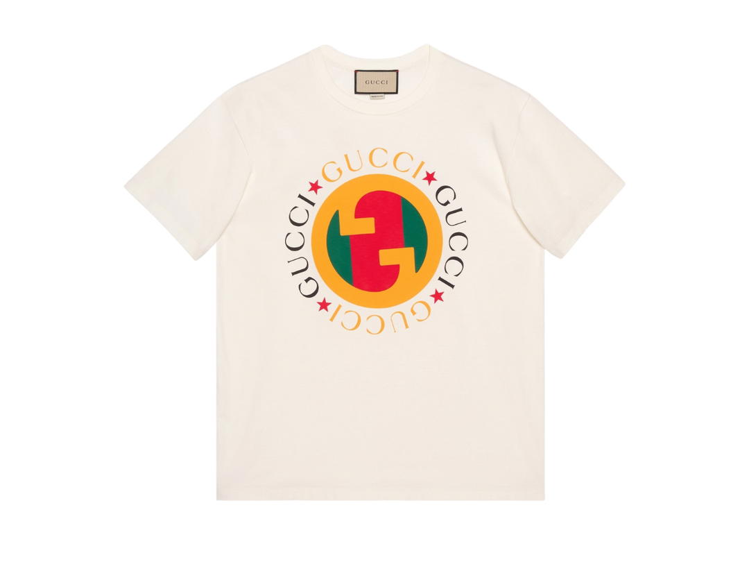 Gucci Gucci Cotton Jersey Printed T-Shirt In Off White Cotton Jersey With Gucci Round Interlocking G Web Print Crewneck