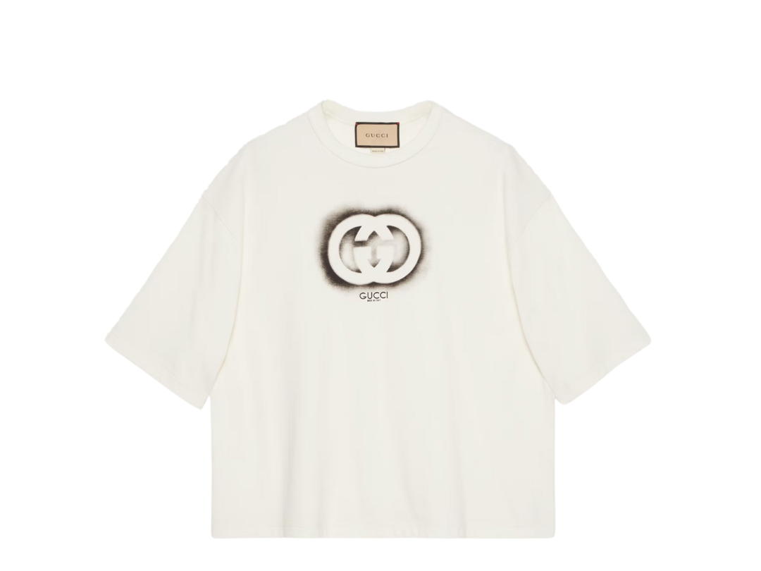 Gucci Gucci Cotton Jersey T-Shirt In Interlocking G Graffiti And Gucci Made In Italy Print-Off White Cotton Jersey