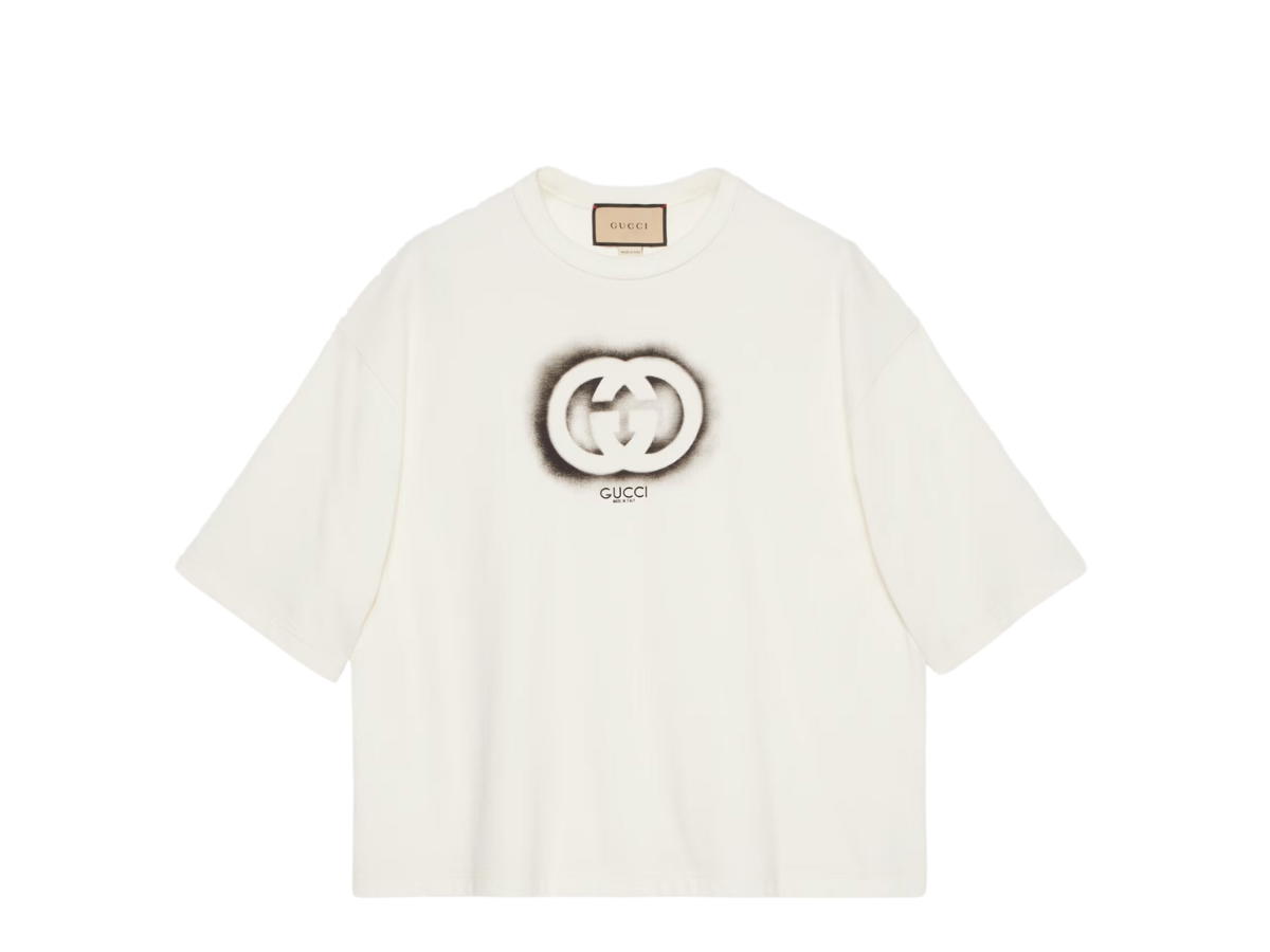 Gucci Gucci Cotton Jersey T-Shirt In Interlocking G Graffiti And Gucci Made In Italy Print-Off White Cotton Jersey