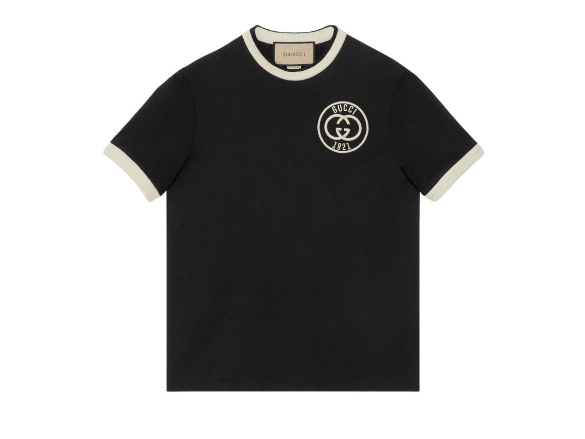 Gucci Gucci Cotton Jersey T-Shirt With Embroidery In Black Cotton Jersey With Ivory Trim Interlocking G Gucci 1921 Embroidery Crewneck
