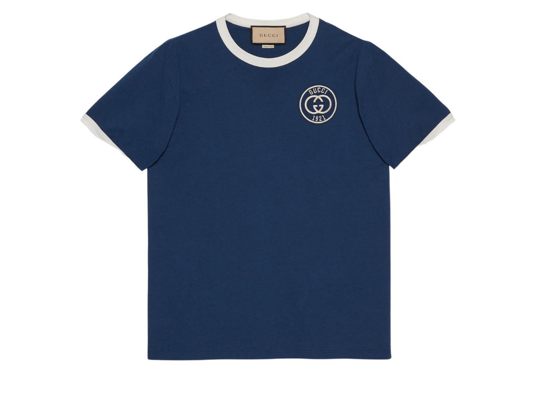 Gucci Gucci Cotton Jersey T-Shirt With Gucci Embroidery In Blue Cotton Jersey With Interlocking G Gucci 1921 Embroidery Crewneck